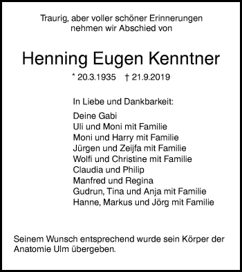Traueranzeige von Henning Eugen Kenntner von SÜDWEST PRESSE Ausgabe Ulm/Neu-Ulm