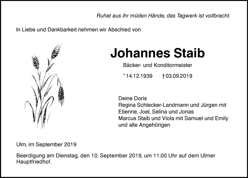  Traueranzeige für Johannes Staib vom 07.09.2019 aus SÜDWEST PRESSE Ausgabe Ulm/Neu-Ulm