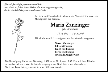 Traueranzeige von Maria Zanzinger von Hohenloher Tagblatt