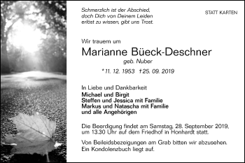 Traueranzeige von Marianne Büeck-Deschner von Hohenloher Tagblatt