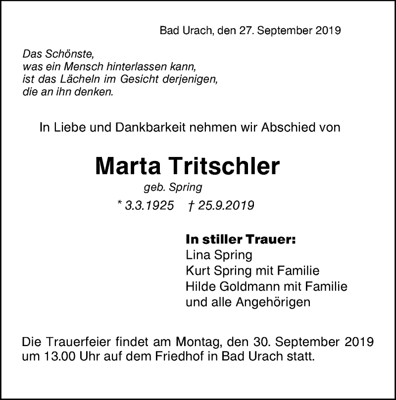  Traueranzeige für Marta Tritschler vom 27.09.2019 aus Metzinger-Uracher Volksblatt