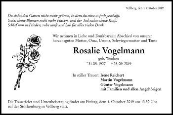 Traueranzeige von Rosalie Vogelmann von Haller Tagblatt