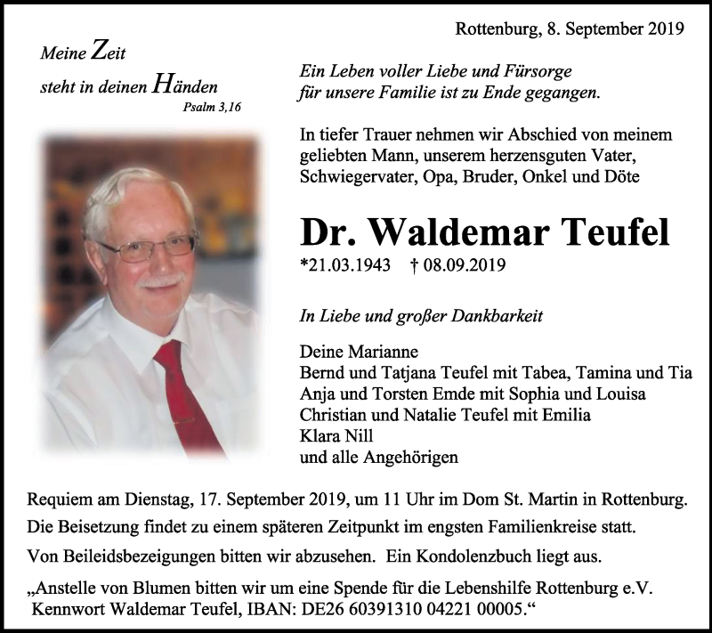  Traueranzeige für Waldemar Teufel vom 12.09.2019 aus Hohenzollerische Zeitung