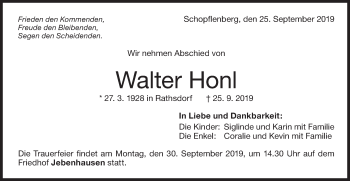 Traueranzeige von Walter Honl von NWZ Neue Württembergische Zeitung