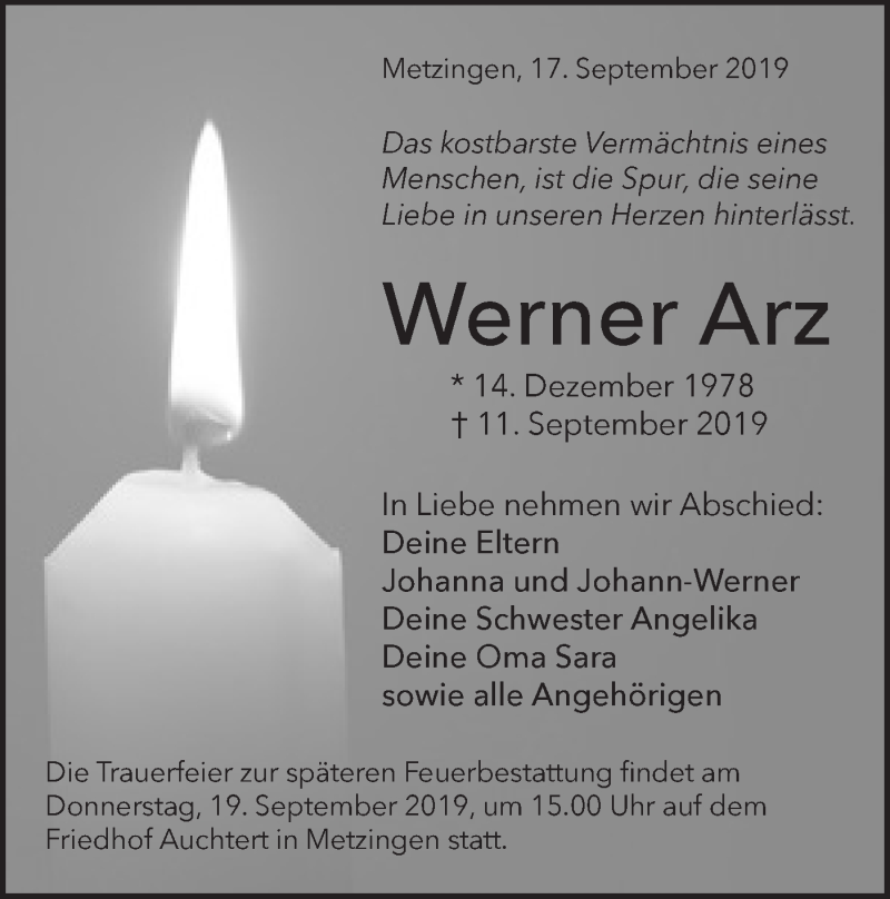  Traueranzeige für Werner Arz vom 17.09.2019 aus Metzinger-Uracher Volksblatt