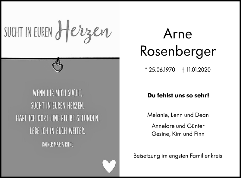  Traueranzeige für Arne Rosenberger vom 18.01.2020 aus SÜDWEST PRESSE Ausgabe Ulm/Neu-Ulm