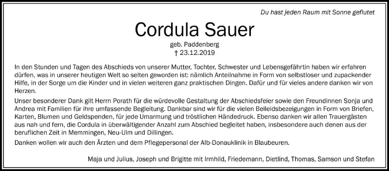  Traueranzeige für Cordula Sauer vom 25.01.2020 aus SÜDWEST PRESSE Ausgabe Ulm/Neu-Ulm