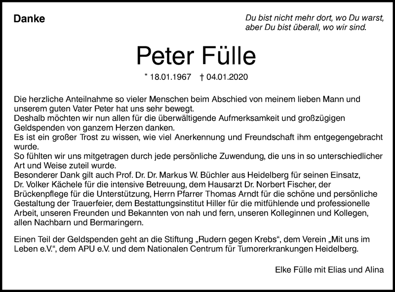  Traueranzeige für Peter Fülle vom 22.01.2020 aus SÜDWEST PRESSE Ausgabe Ulm/Neu-Ulm
