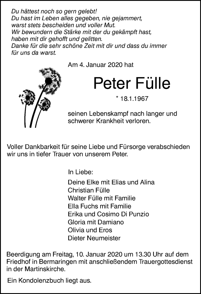  Traueranzeige für Peter Fülle vom 08.01.2020 aus SÜDWEST PRESSE Ausgabe Ulm/Neu-Ulm