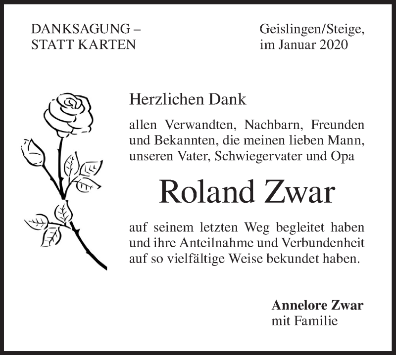  Traueranzeige für Roland Zwar vom 18.01.2020 aus Geislinger Zeitung