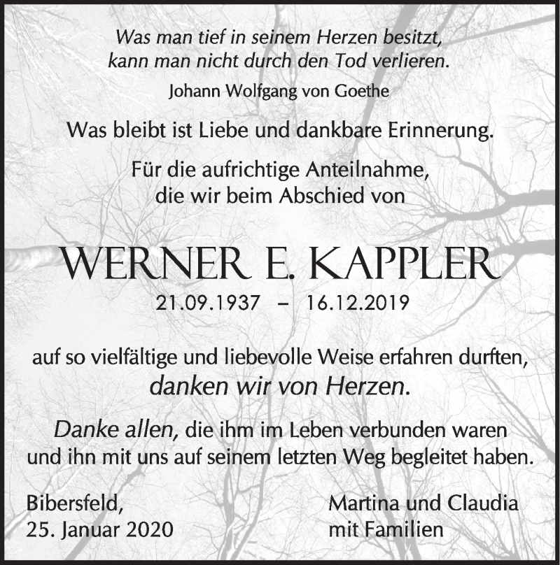  Traueranzeige für Werner E. Kappler vom 25.01.2020 aus Haller Tagblatt