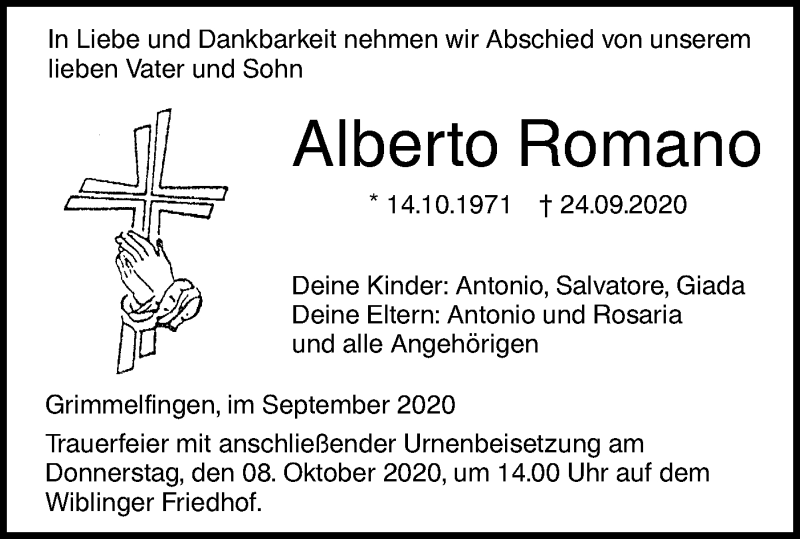  Traueranzeige für Alberto Romano vom 02.10.2020 aus SÜDWEST PRESSE Ausgabe Ulm/Neu-Ulm