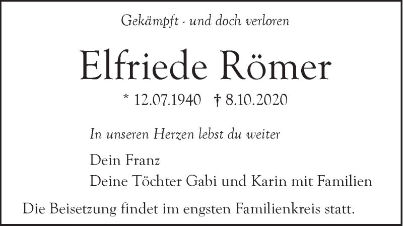  Traueranzeige für Elfriede Römer vom 14.10.2020 aus SÜDWEST PRESSE Ausgabe Ulm/Neu-Ulm