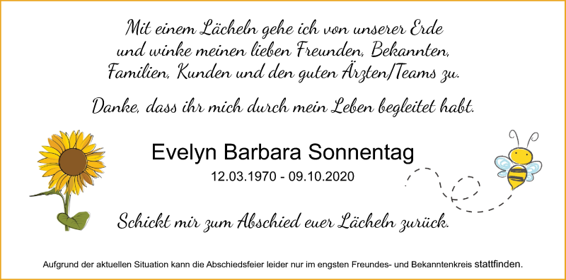  Traueranzeige für Evelyn Barbara Sonnentag vom 17.10.2020 aus SÜDWEST PRESSE Ausgabe Ulm/Neu-Ulm