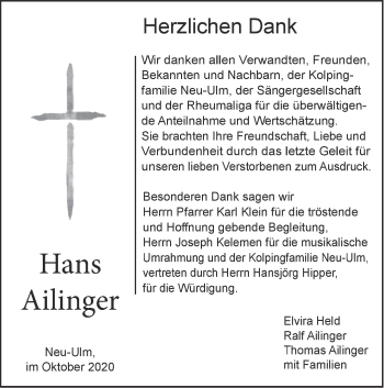 Traueranzeige von Hans Ailinger von SÜDWEST PRESSE Ausgabe Ulm/Neu-Ulm