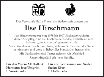 Traueranzeige von Ilse Hirschmann von Haller Tagblatt