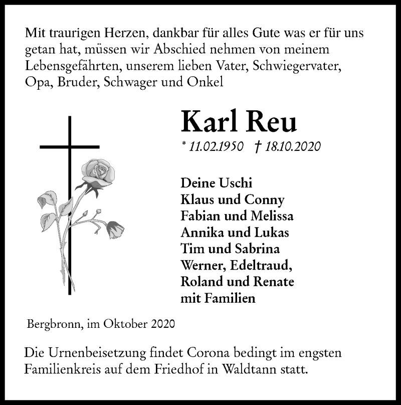  Traueranzeige für Karl Reu vom 23.10.2020 aus Hohenloher Tagblatt