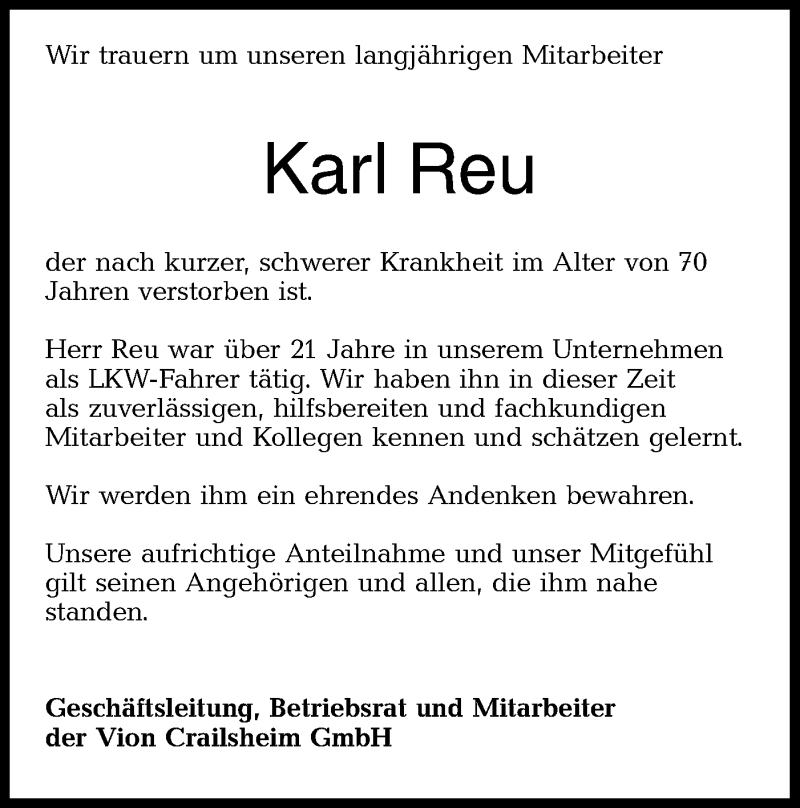  Traueranzeige für Karl Reu vom 31.10.2020 aus Hohenloher Tagblatt