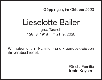 Traueranzeige von Lieselotte Bailer von NWZ Neue Württembergische Zeitung