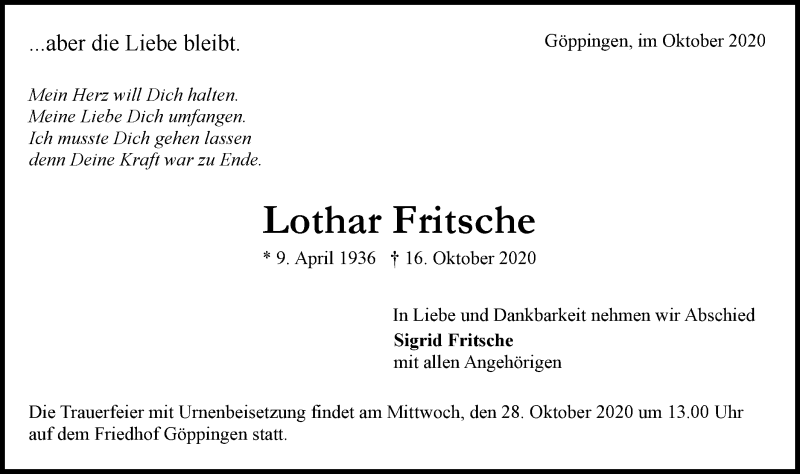  Traueranzeige für Lothar Fritsche vom 23.10.2020 aus NWZ Neue Württembergische Zeitung