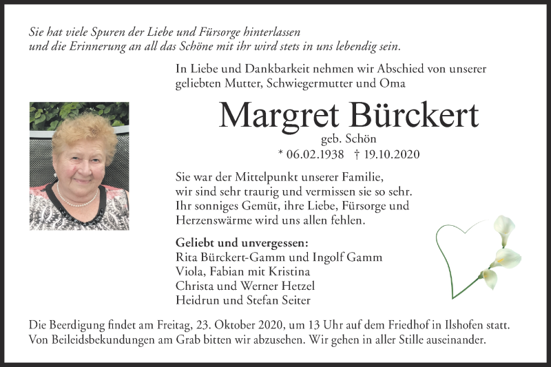  Traueranzeige für Margret Bürckert vom 22.10.2020 aus Haller Tagblatt