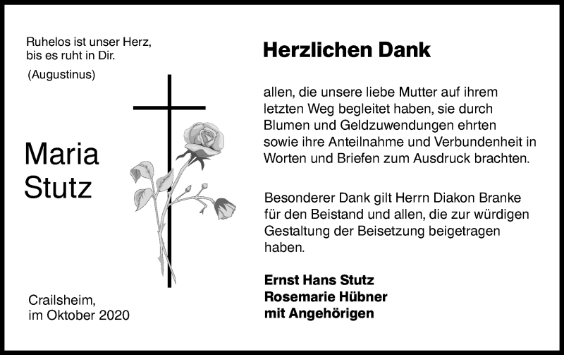  Traueranzeige für Maria Stutz vom 09.10.2020 aus Hohenloher Tagblatt