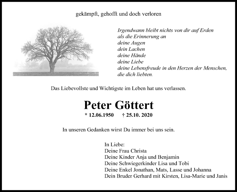  Traueranzeige für Peter Göttert vom 27.10.2020 aus NWZ Neue Württembergische Zeitung