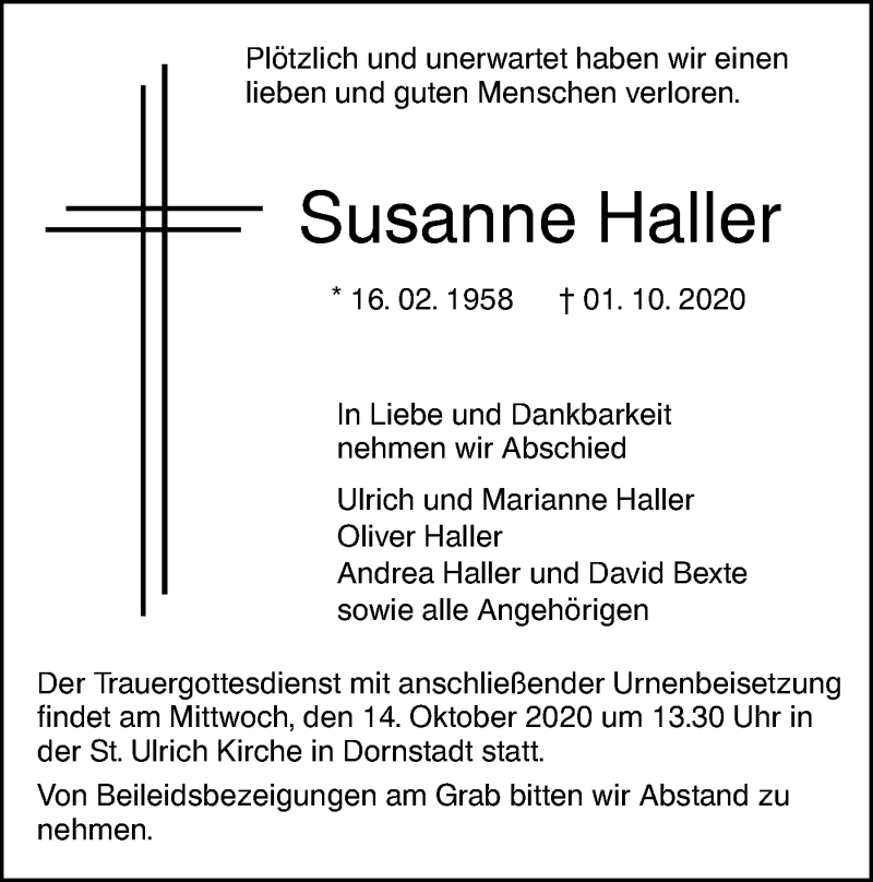  Traueranzeige für Susanne Haller vom 10.10.2020 aus SÜDWEST PRESSE Ausgabe Ulm/Neu-Ulm