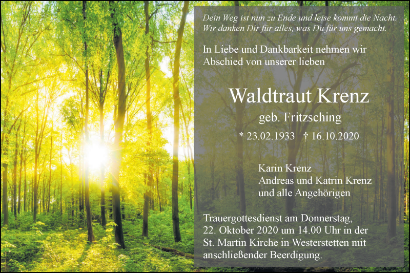  Traueranzeige für Waldtraut Krenz vom 20.10.2020 aus SÜDWEST PRESSE Ausgabe Ulm/Neu-Ulm
