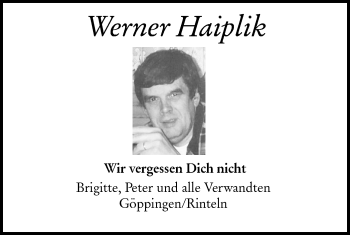 Traueranzeige von Werner Haiplik von NWZ Neue Württembergische Zeitung