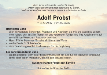 Traueranzeige von Adolf Probst von Hohenloher Tagblatt