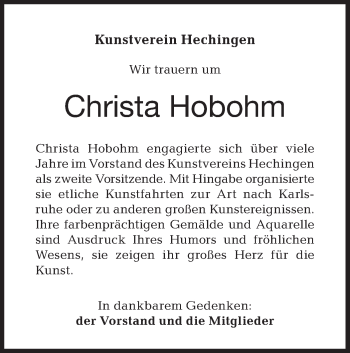 Traueranzeige von Christa Hobohm von Hohenzollerische Zeitung