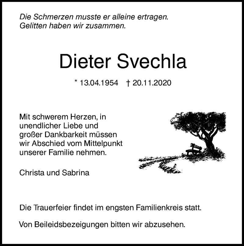  Traueranzeige für Dieter Svechla vom 28.11.2020 aus SÜDWEST PRESSE Ausgabe Ulm/Neu-Ulm