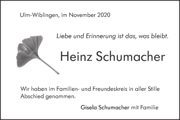 Traueranzeige von Heinz Schumacher von SÜDWEST PRESSE Ausgabe Ulm/Neu-Ulm