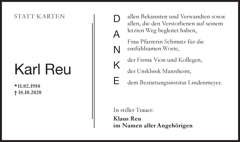  Traueranzeige für Karl Reu vom 19.11.2020 aus Hohenloher Tagblatt