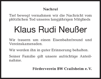 Traueranzeige von Klaus Rudi Neußer von Hohenloher Tagblatt