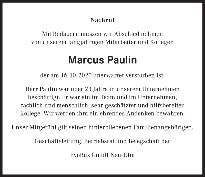  Traueranzeige für Marcus Paulin vom 07.11.2020 aus SÜDWEST PRESSE Ausgabe Ulm/Neu-Ulm