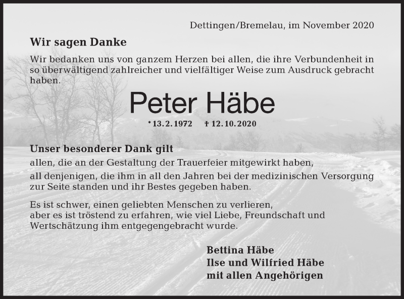  Traueranzeige für Peter Häbe vom 21.11.2020 aus Metzinger-Uracher Volksblatt