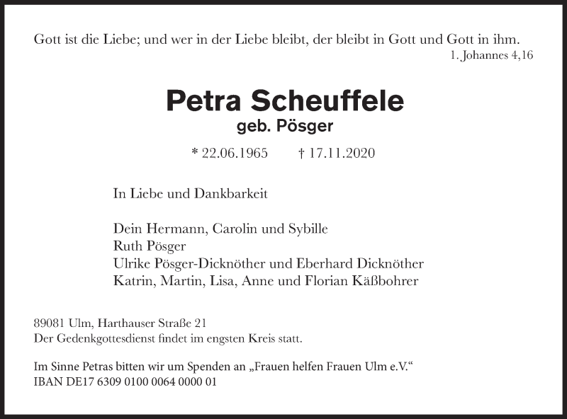  Traueranzeige für Petra Scheuffele vom 25.11.2020 aus SÜDWEST PRESSE Ausgabe Ulm/Neu-Ulm
