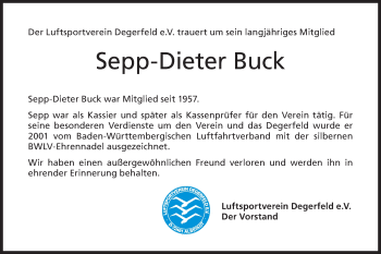 Traueranzeige von Sepp-Dieter Buck von Hohenzollerische Zeitung