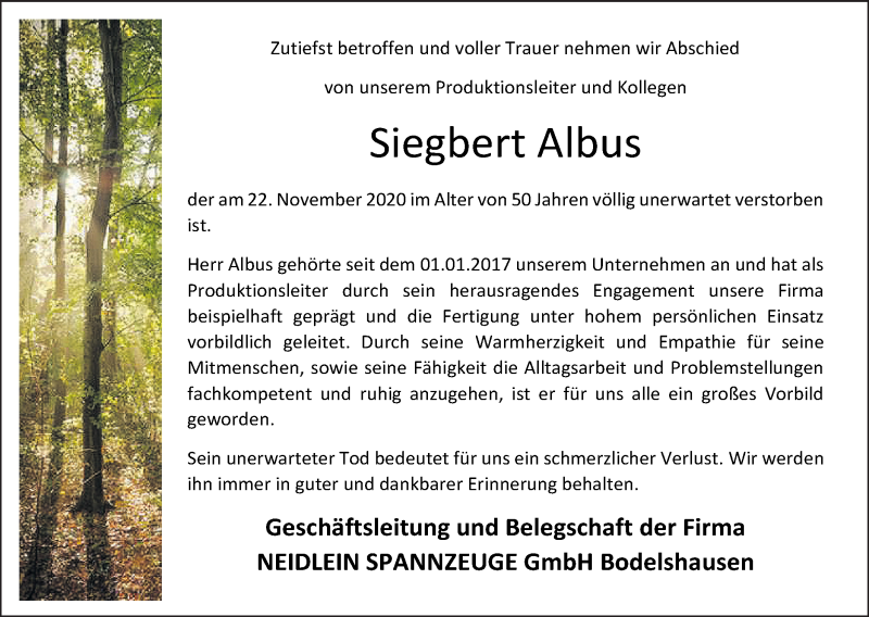 Traueranzeige für Siegbert Albus vom 28.11.2020 aus Hohenzollerische Zeitung