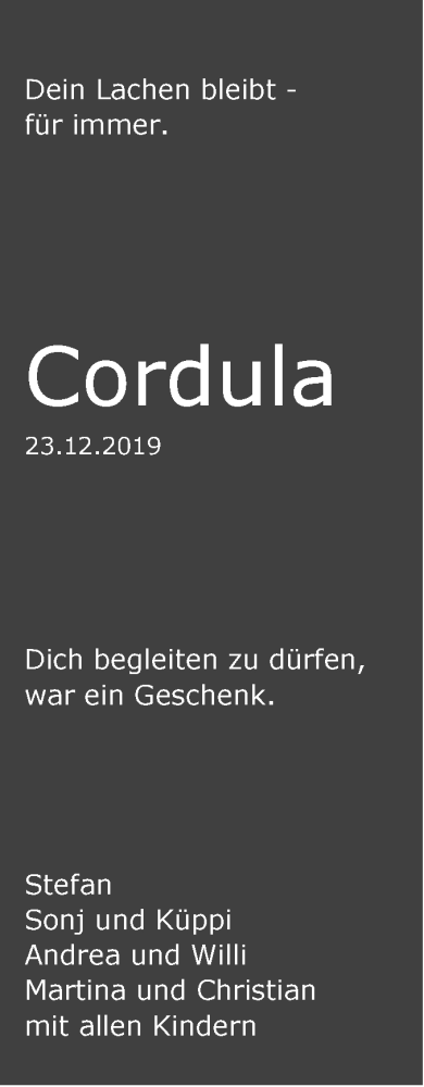  Traueranzeige für Cordula Sauer vom 23.12.2020 aus SÜDWEST PRESSE Ausgabe Ulm/Neu-Ulm