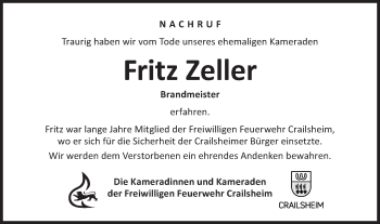 Traueranzeige von Fritz Zeller von Hohenloher Tagblatt