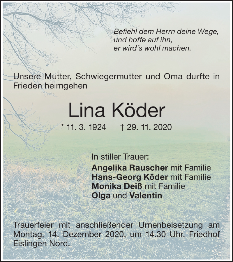  Traueranzeige für Lina Köder vom 02.12.2020 aus NWZ Neue Württembergische Zeitung/Geislinger Zeitung