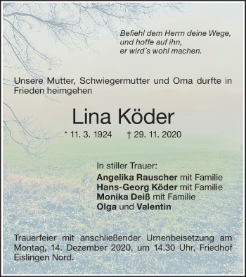 Traueranzeige von Lina Köder von NWZ Neue Württembergische Zeitung/Geislinger Zeitung
