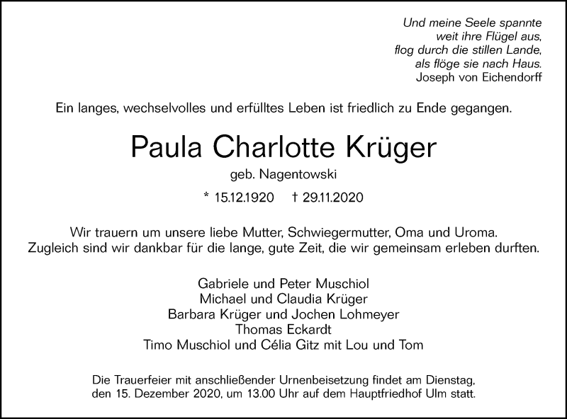  Traueranzeige für Paula Charlotte Krüger vom 05.12.2020 aus SÜDWEST PRESSE Ausgabe Ulm/Neu-Ulm