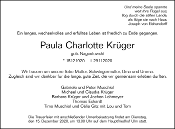 Traueranzeige von Paula Charlotte Krüger von SÜDWEST PRESSE Ausgabe Ulm/Neu-Ulm