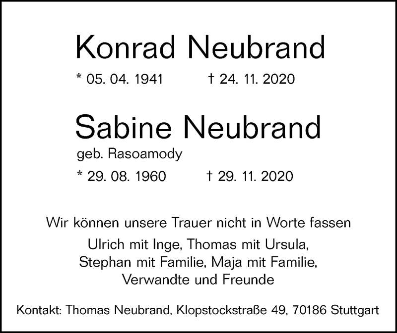  Traueranzeige für Sabine Neubrand vom 02.12.2020 aus SÜDWEST PRESSE Ausgabe Ulm/Neu-Ulm