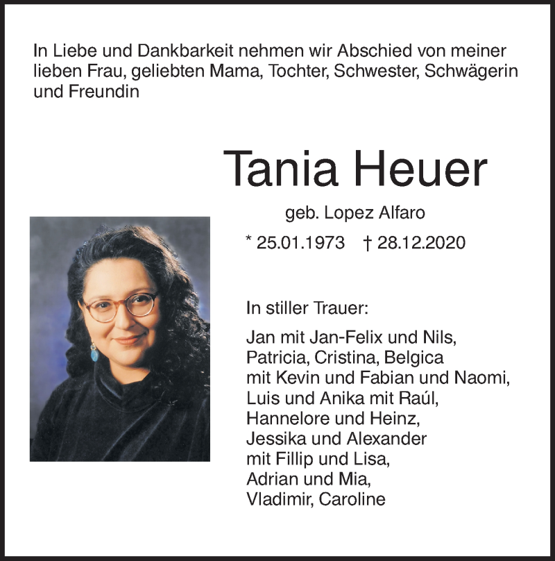  Traueranzeige für Tania Heuer vom 31.12.2020 aus SÜDWEST PRESSE Ausgabe Ulm/Neu-Ulm