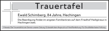 Traueranzeige von Totentafel vom 07.12.2020 von Hohenzollerische Zeitung